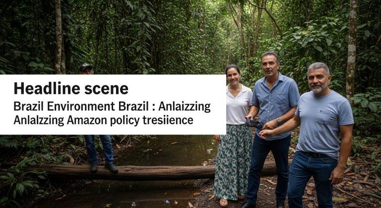 Amazon river network with forest and Indigenous community leaders; policy and environment icons.
