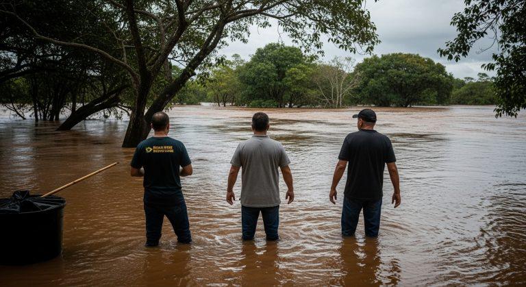 Aerial view of Amazon rivers during floods with Indigenous communities nearby.