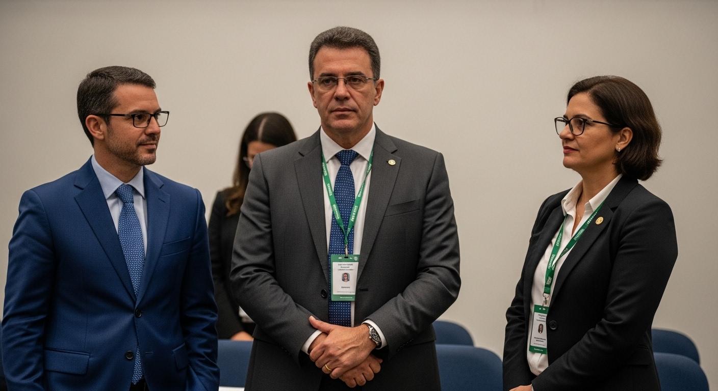 Brazilian environmental monitoring scene with satellite data overlay and field rangers at a forest edge.