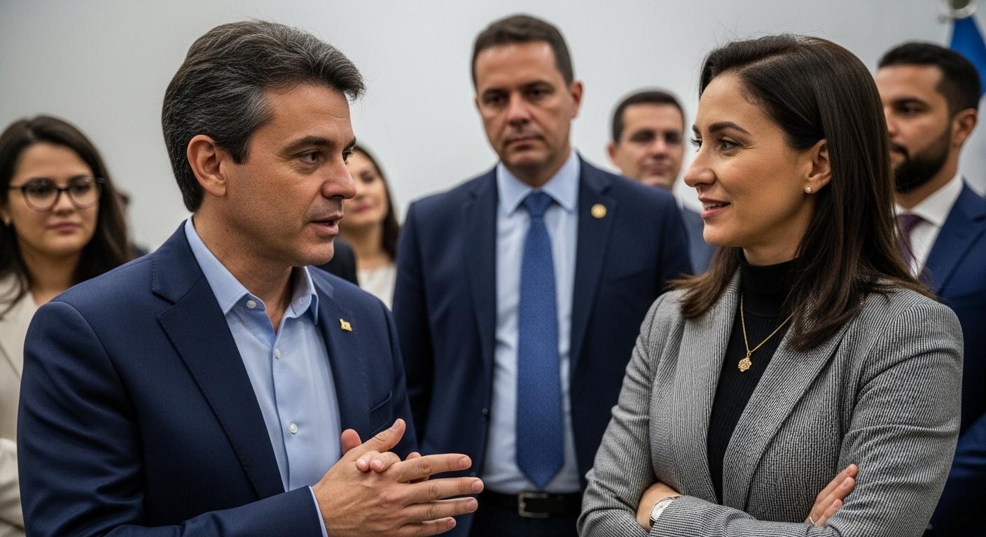 Editorial editorial-style image of Brazil's environment showing forest, city, and energy elements.