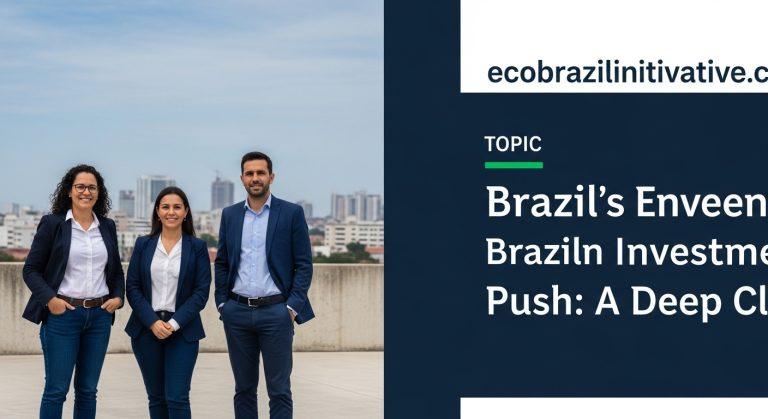 Editorial illustration of Brazil's green finance landscape with rainforest and renewable energy infrastructure.