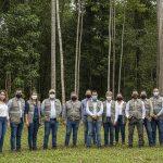 Aerial view of deforestation in the Brazilian Amazon with clear-cut patches and new saplings.