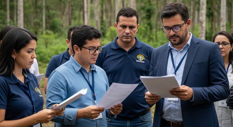 Amazon rainforest with deforested patches and distant energy infrastructure, dawn light