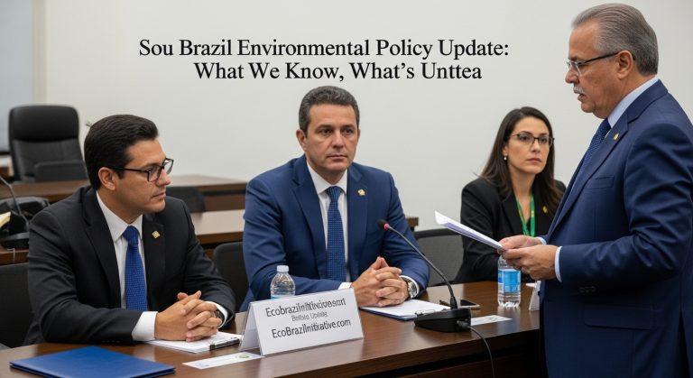 Brazilian forest with policy documents and renewable energy icons overlay