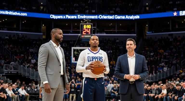 Basketball court with eco-icons and a Brazilian city skyline.
