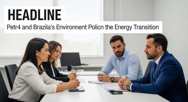 Analyst examining petr4 implications in Brazil's environmental transition with charts and renewables.