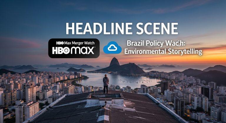 Illustration showing HBO Max and Paramount logos merging over a Brazilian cityscape with environmental elements.