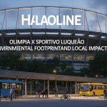 Stadium exterior at dusk with sustainability banners and fans arriving by bus and bike for a Paraguayan football match b
