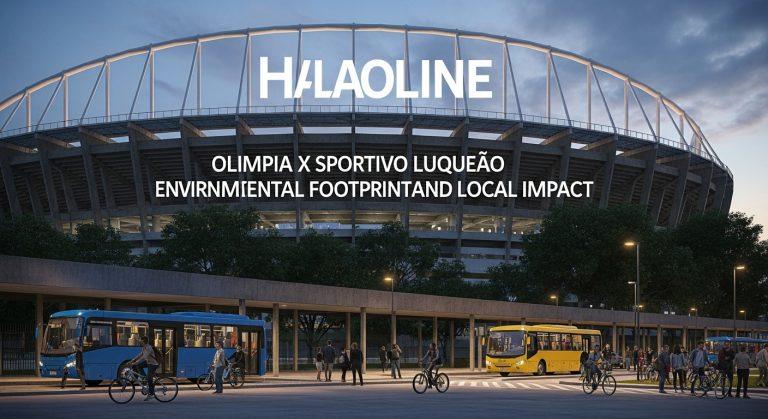 Stadium exterior at dusk with sustainability banners and fans arriving by bus and bike for a Paraguayan football match b