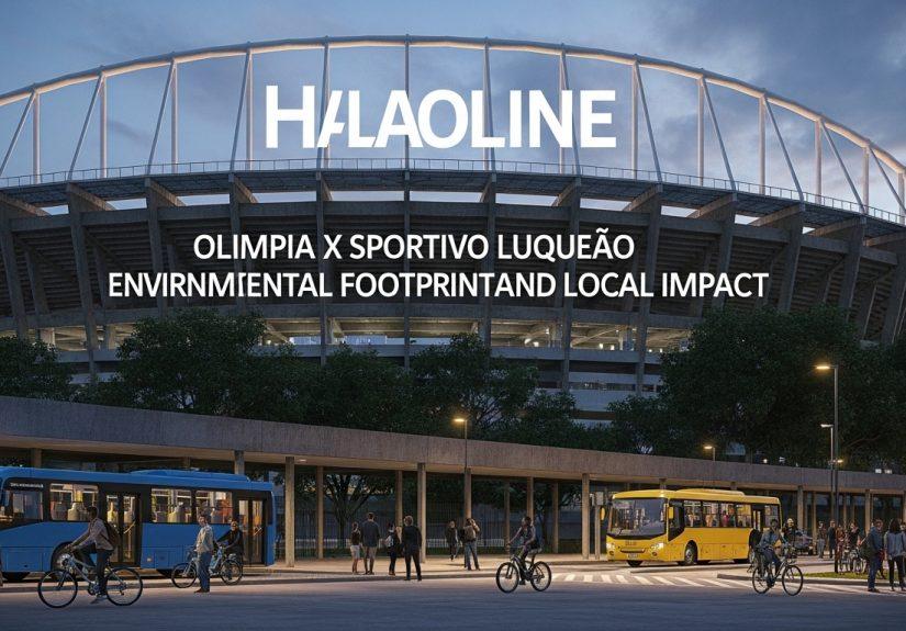 Stadium exterior at dusk with sustainability banners and fans arriving by bus and bike for a Paraguayan football match b